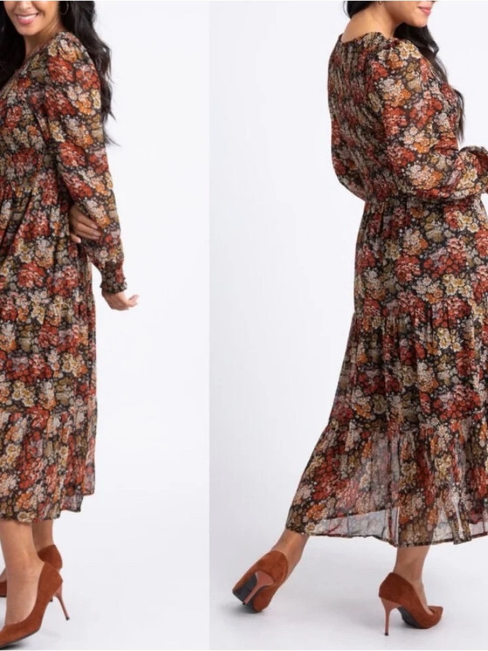 Papillon Blanc Rust Multi Floral Tiered Maxi Dress